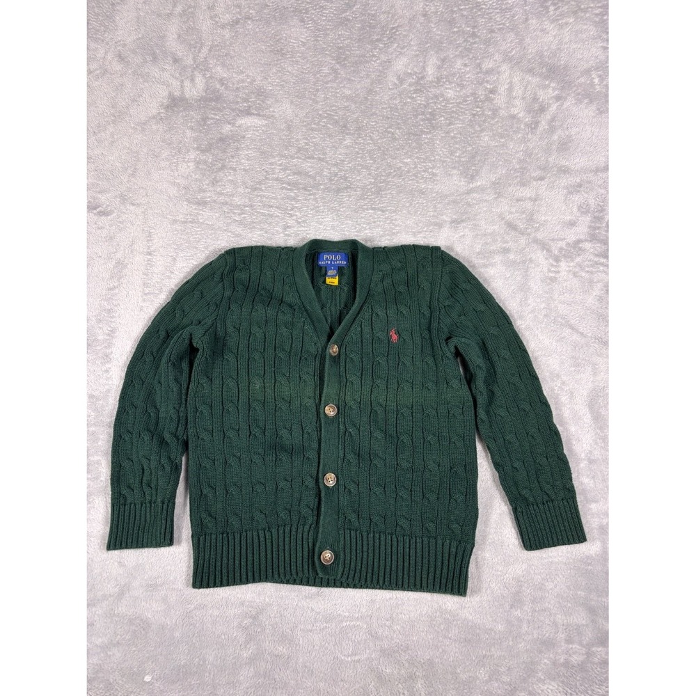 Polo Ralph Lauren Boys Cardigan Sweater Size 7 Forest Green Cable Knit Pony
